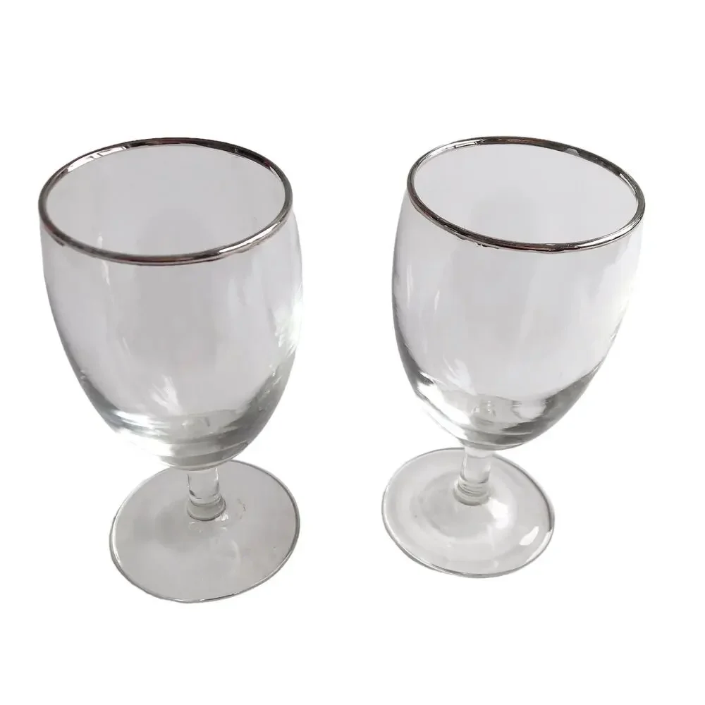Footed Water Glasses Set of 2 Goblets Silver Rimmed Clear Stemmed Drinking Glass